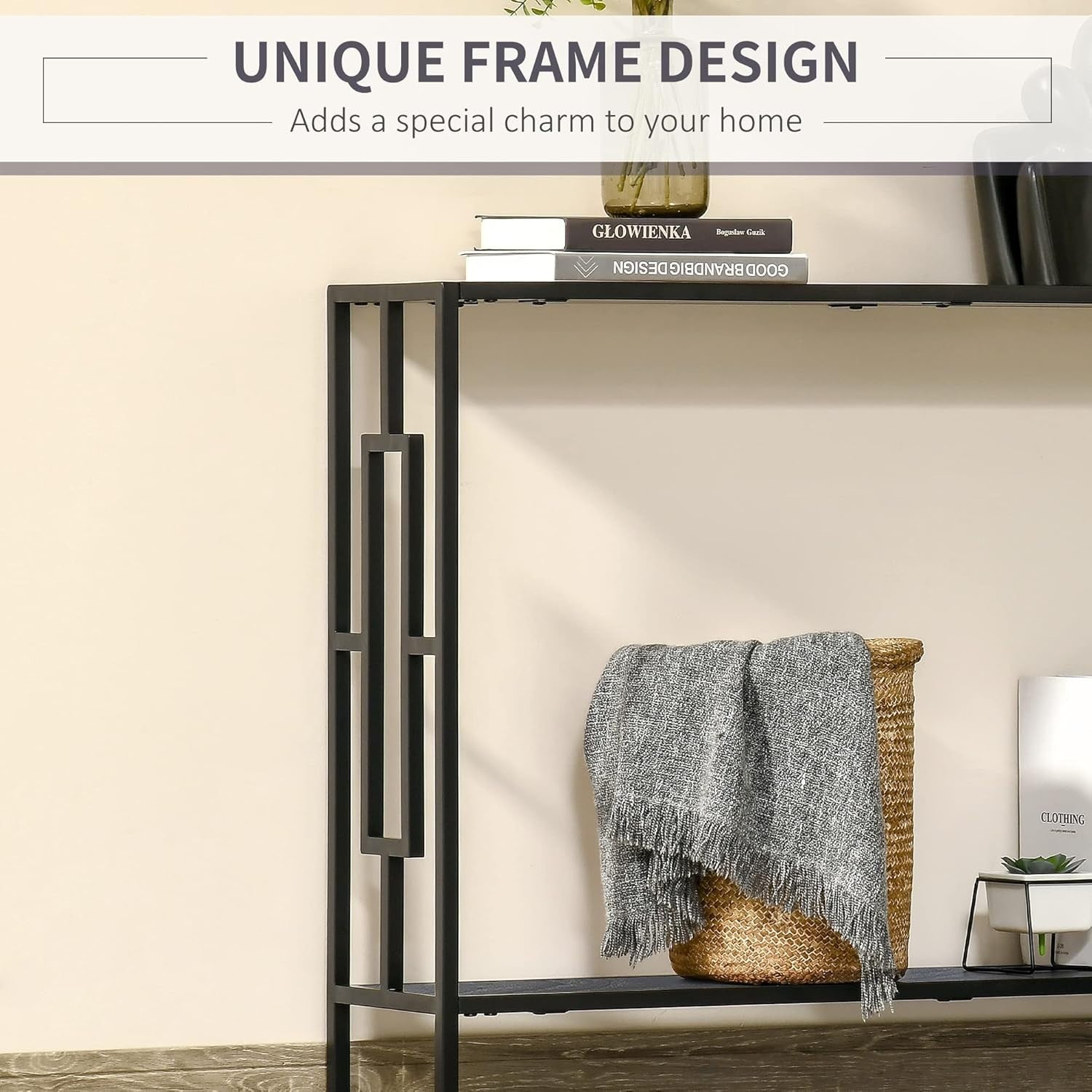 Slim Black Console Table with Metal Frame, 2 Shelves, Hallway Storage