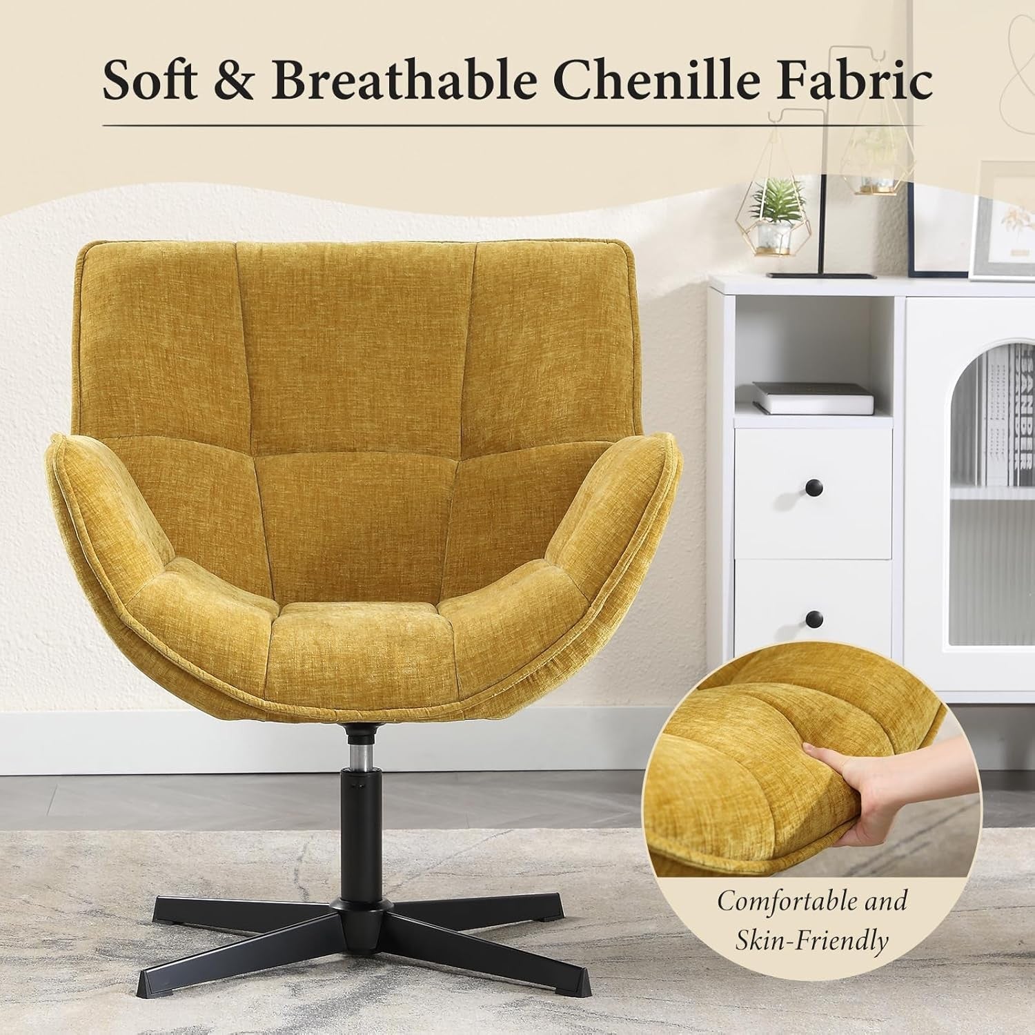 Yellow Chenille Swivel Accent Chair 360° Fabric Tub Armchair