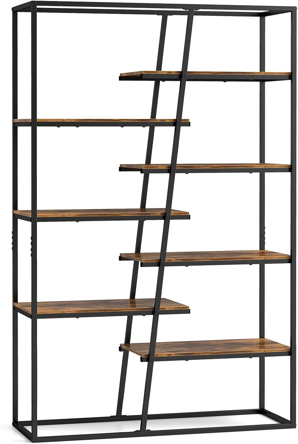 7-Tier Industrial Metal Bookshelf Large Rustic Wood Display & Storage Unit