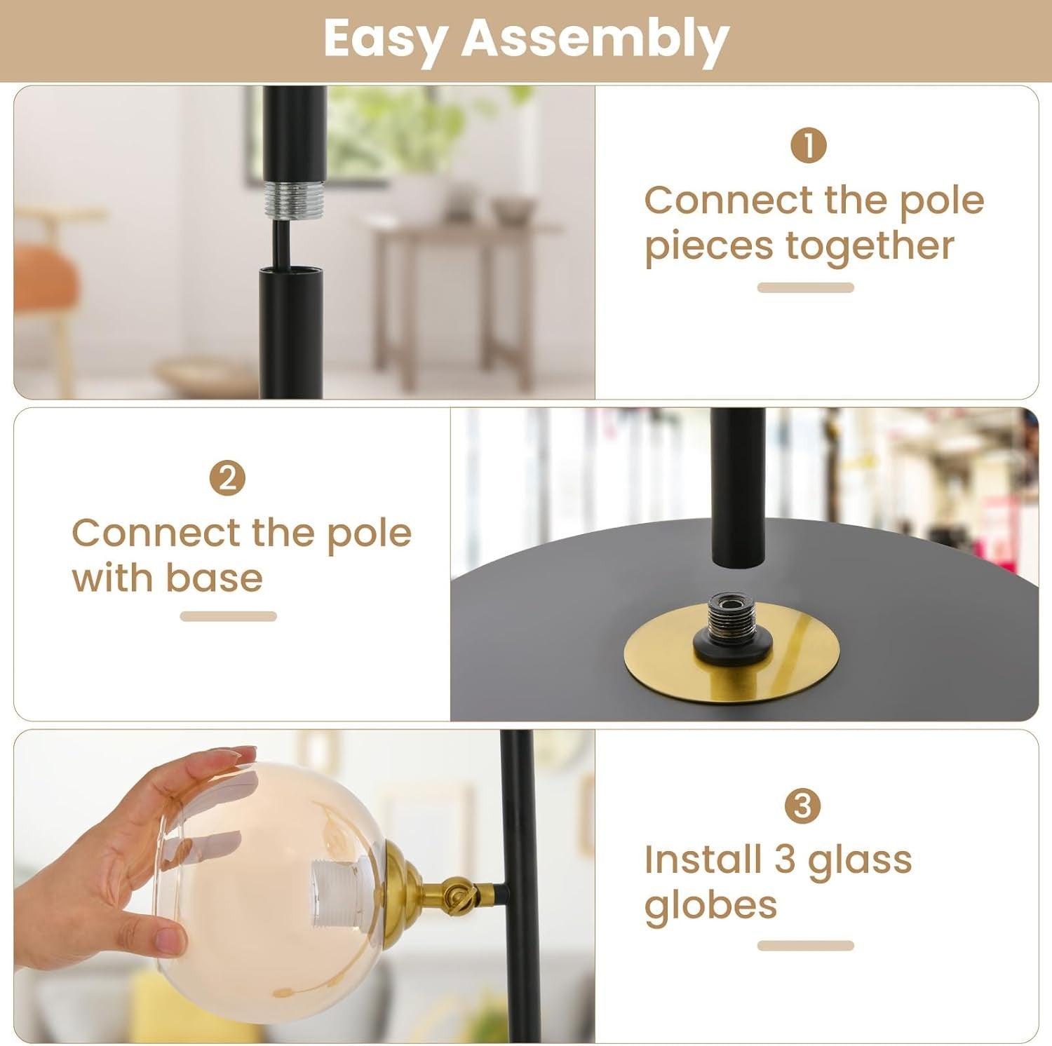Industrial Floor Lamp 3 Light Glass Globe Standing Lamp Foot Switch Black