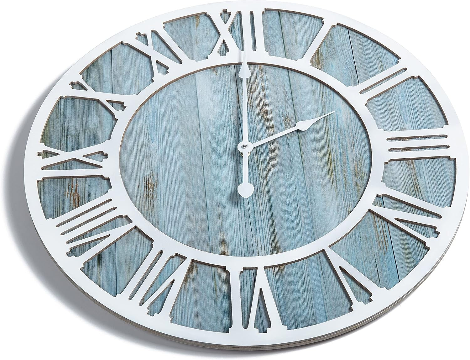 16" Rustic Blue Wood Wall Clock Silent Non-Ticking Round Roman Numeral Decor