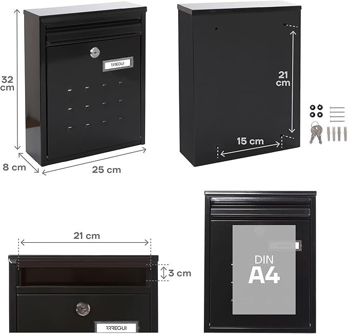 Wall Mounted Outdoor Mailbox DIN A4 Size Lockable Steel Post Box Weatherproof