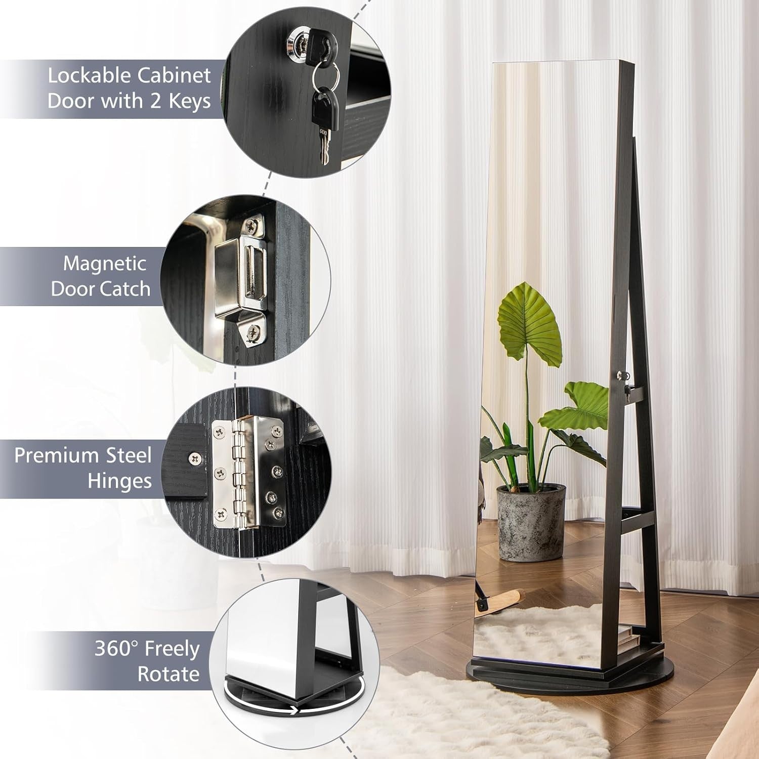 Black 360° Swivel LED Jewelry Cabinet Mirror Lockable 3-Color Storage