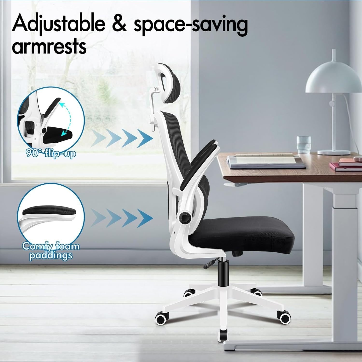 Ergonomic Office Chair Mesh Back High-Back Computer Desk Flip-Up Arms Black