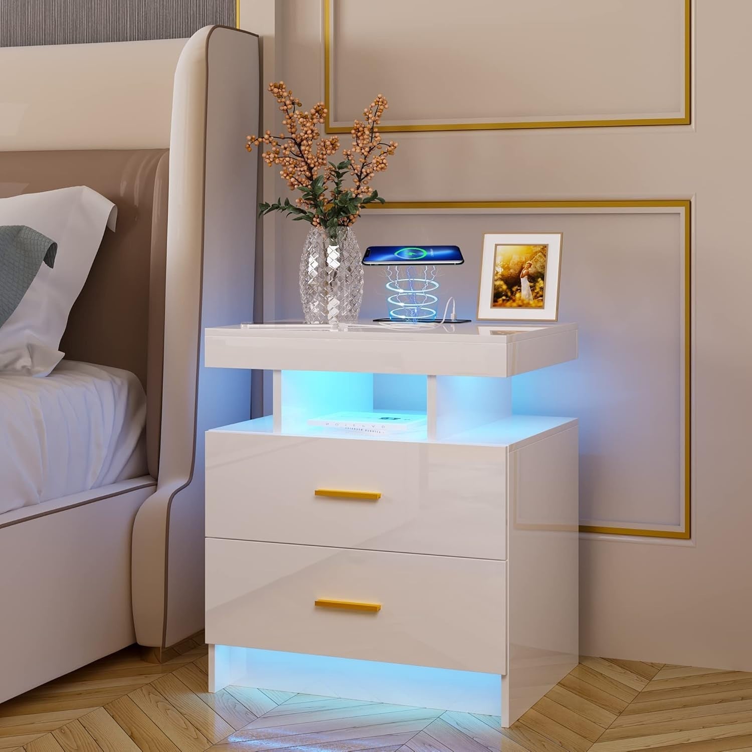 Modern LED Bedside Table with Wireless Charging | White 2 Drawer Nightstand