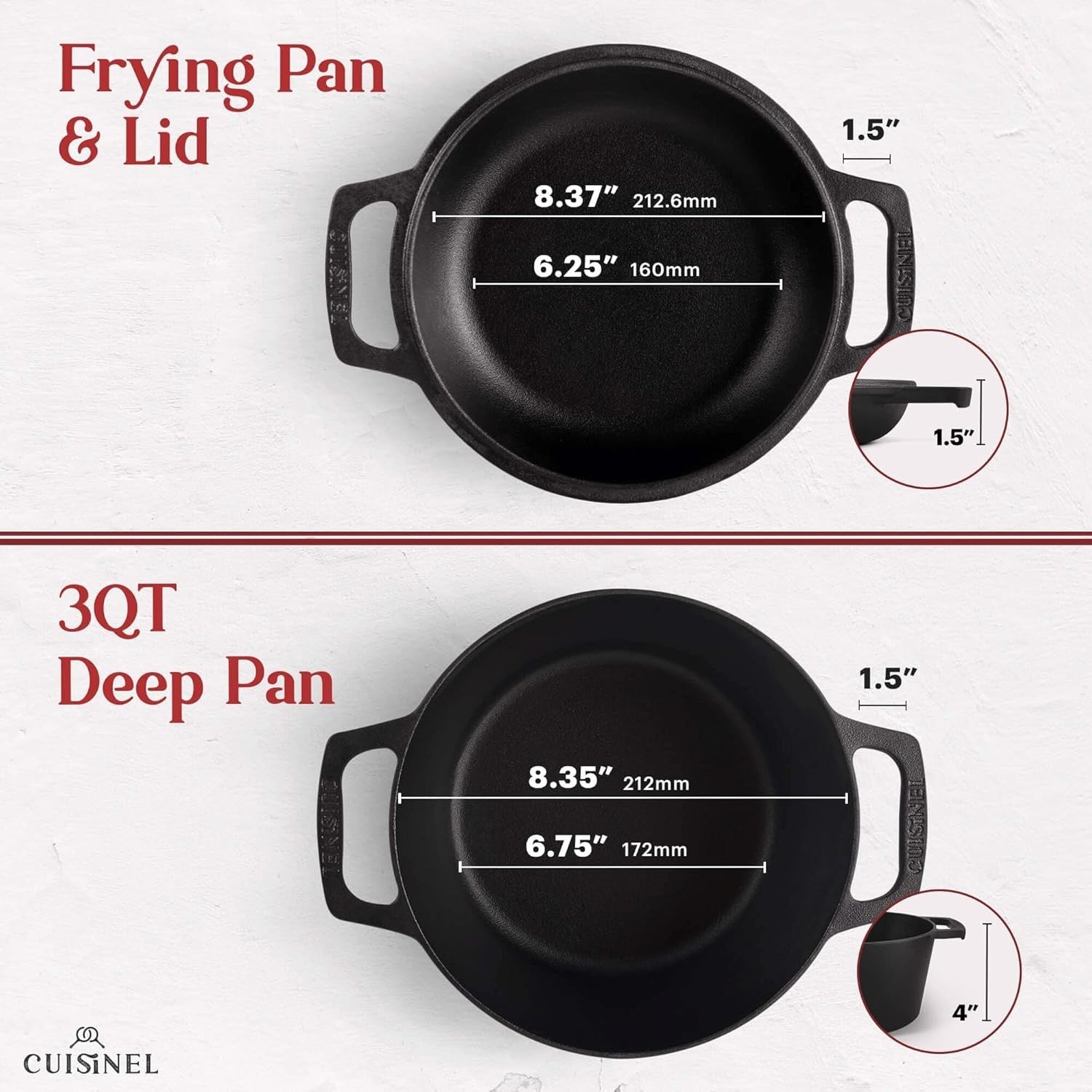 3 Quart Cast Iron Dutch Oven 2 in 1 Pre Seasoned Deep Pot Skillet