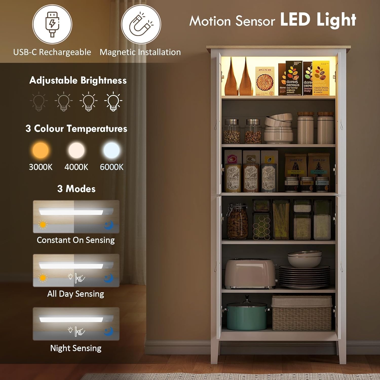 Tall White Kitchen Cupboard Cabinet LED Light 177cm Storage Unit Shelves