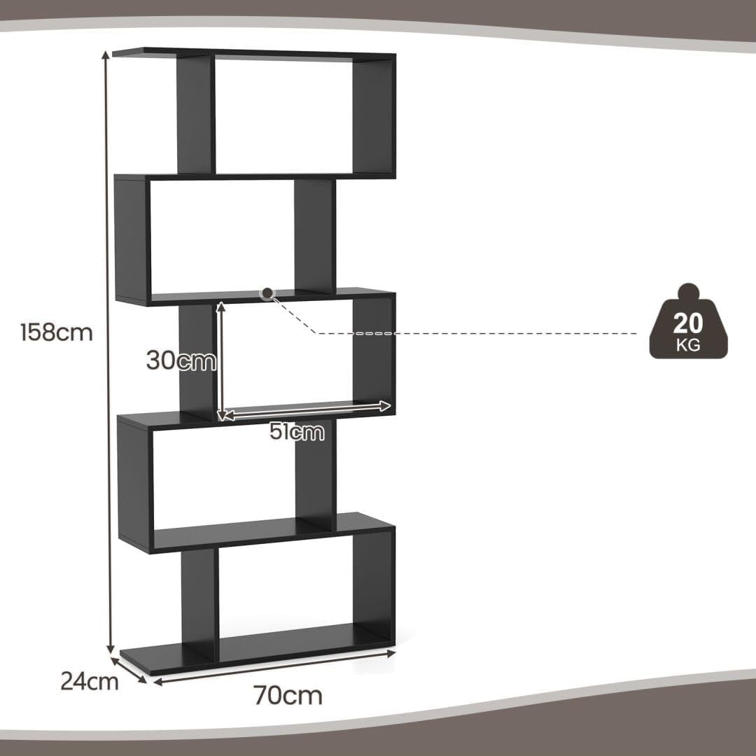 Modern S-Shaped 5/6 Tier Bookcase Elegant Display Shelf Storage Unit Black