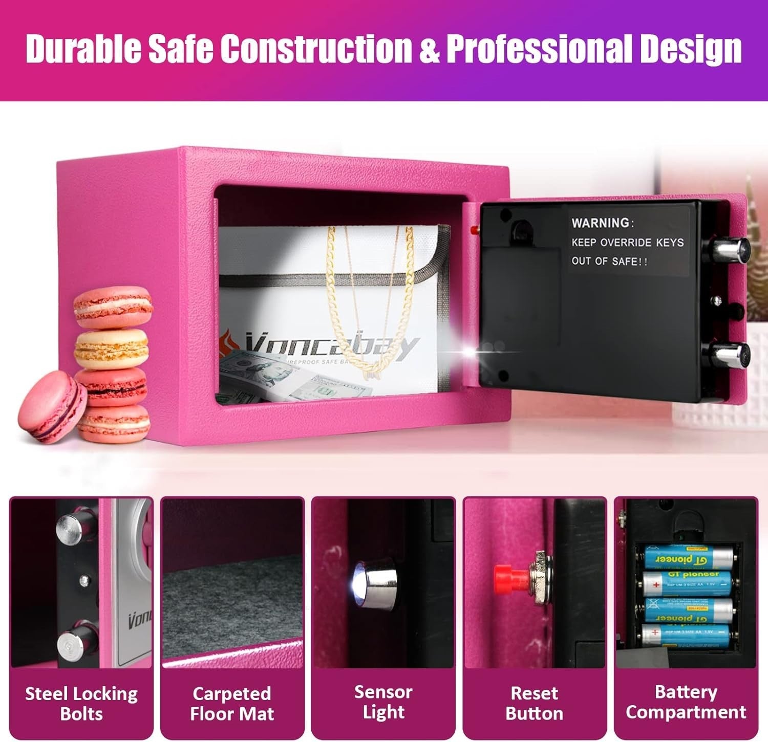 Pink Digital Safe Box Fireproof Bag Security Lock Cash Jewelry Home