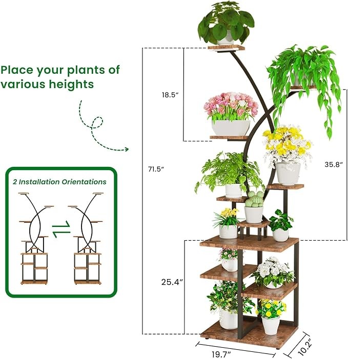 71" Tall 10-Tier Metal Plant Stand with Grow Lights, Indoor Corner Shelf