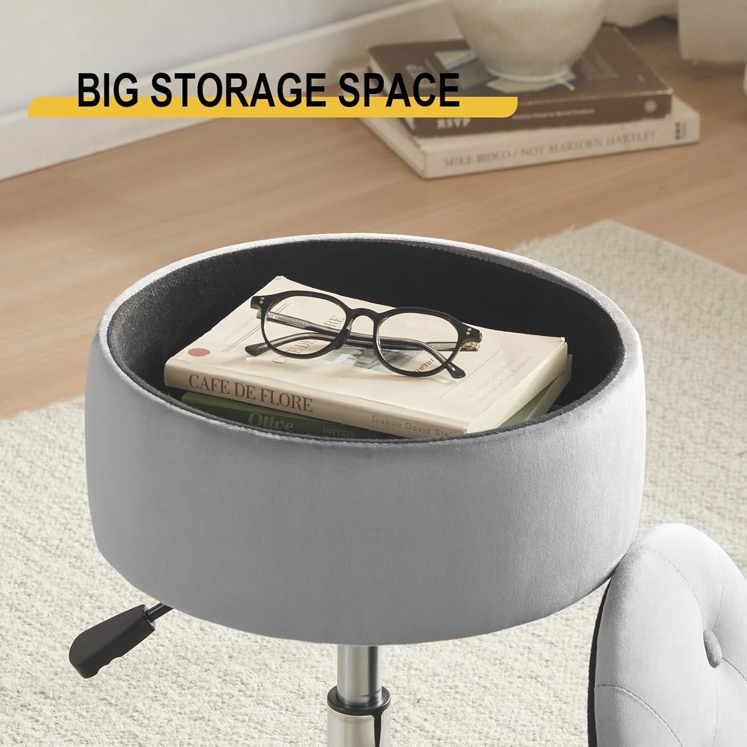 Grey Velvet Vanity Stool with Storage Adjustable Swivel Makeup Chair Chrome Base