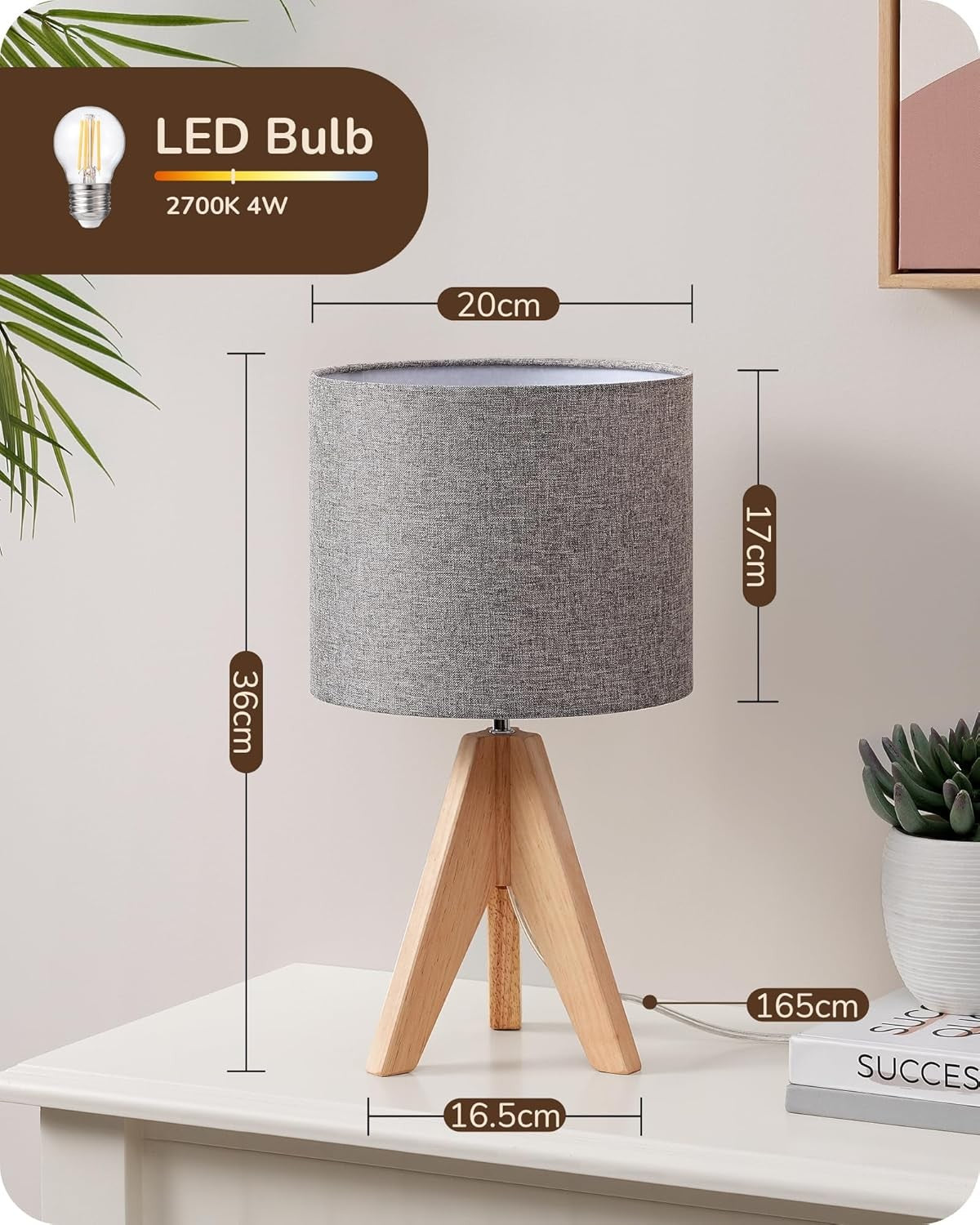 Tripod Bedside Table  Grey Linen Shade Wooden Base Modern Desk Light 36cm
