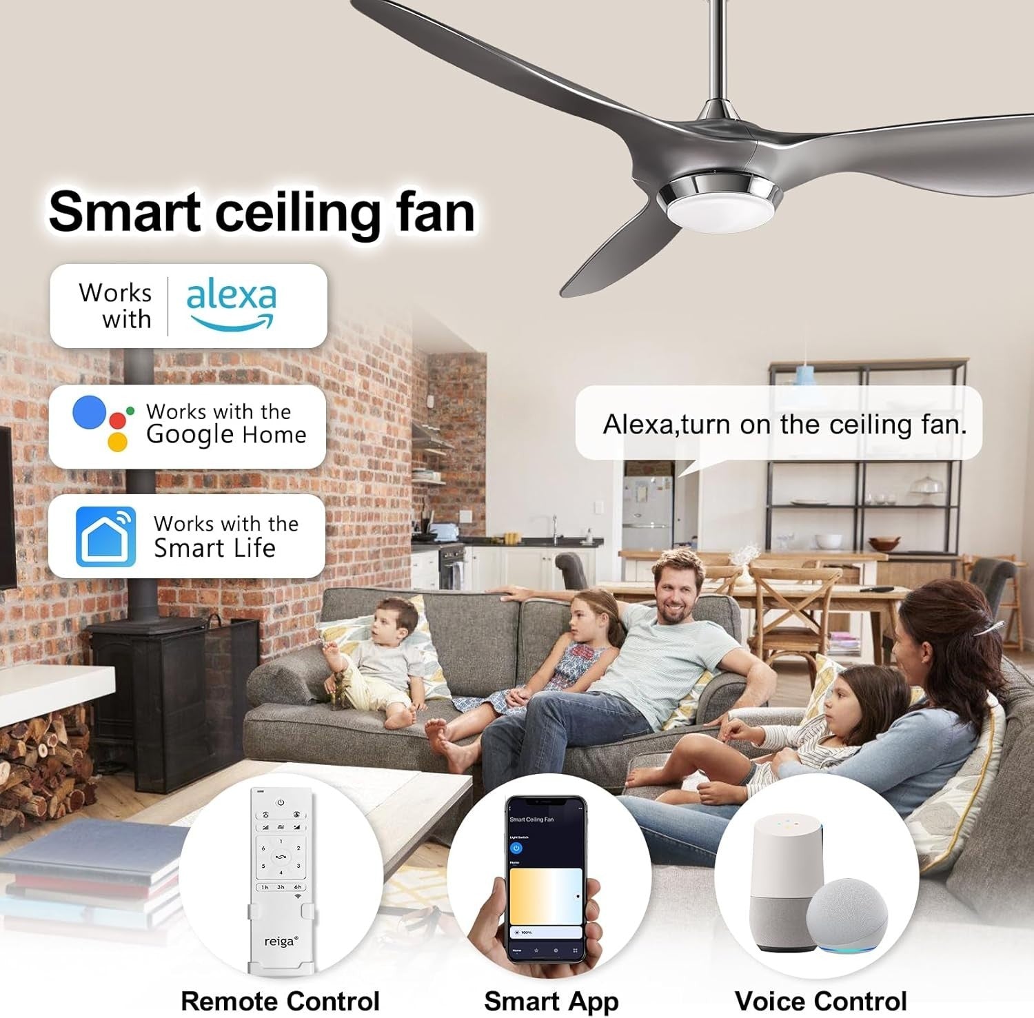 Reiga 132cm Smart Ceiling Fan Remote Silver Blades Dimmable LED