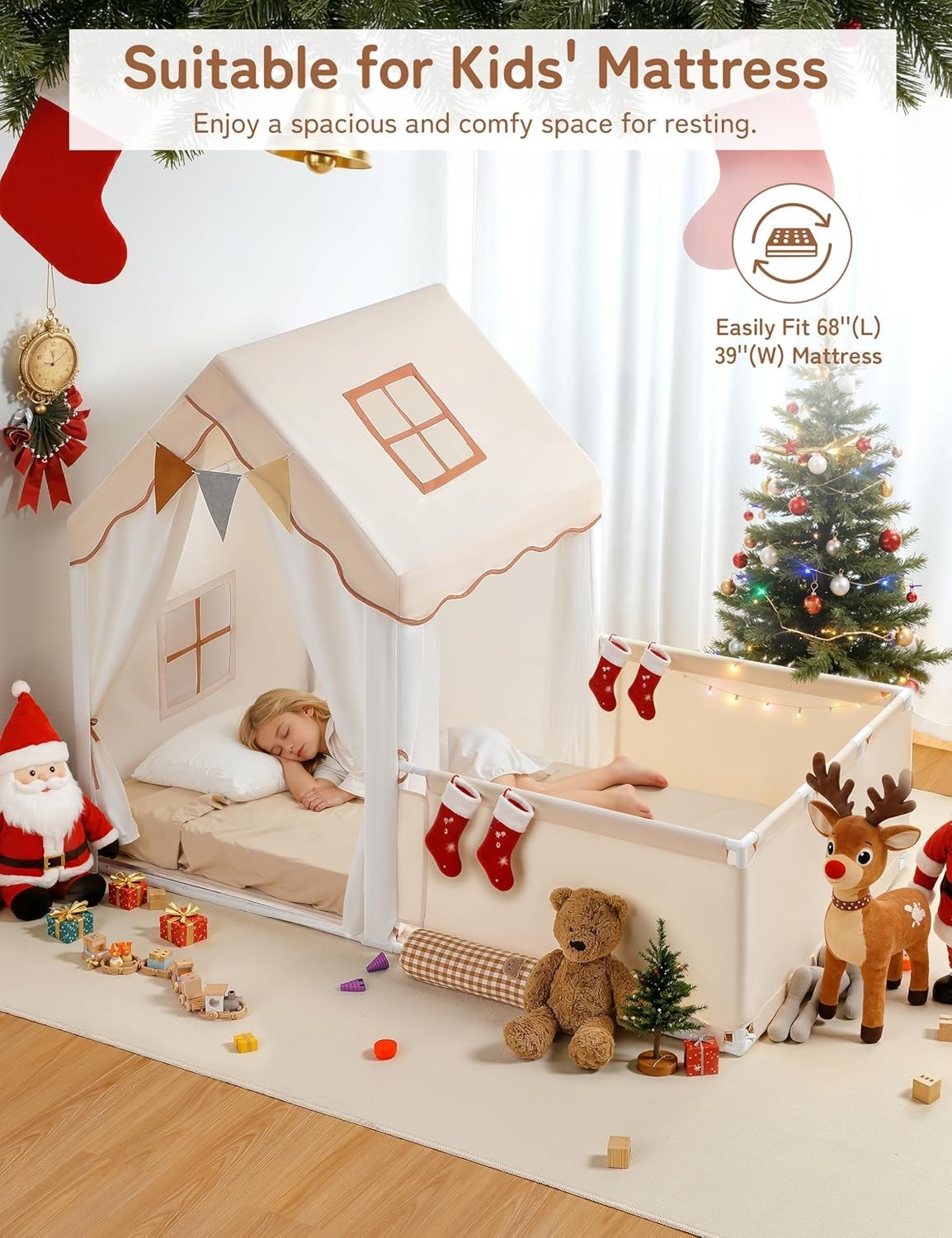 2 in 1 Kids Play Tent with Fence Large Indoor Playhouse Lights Mat