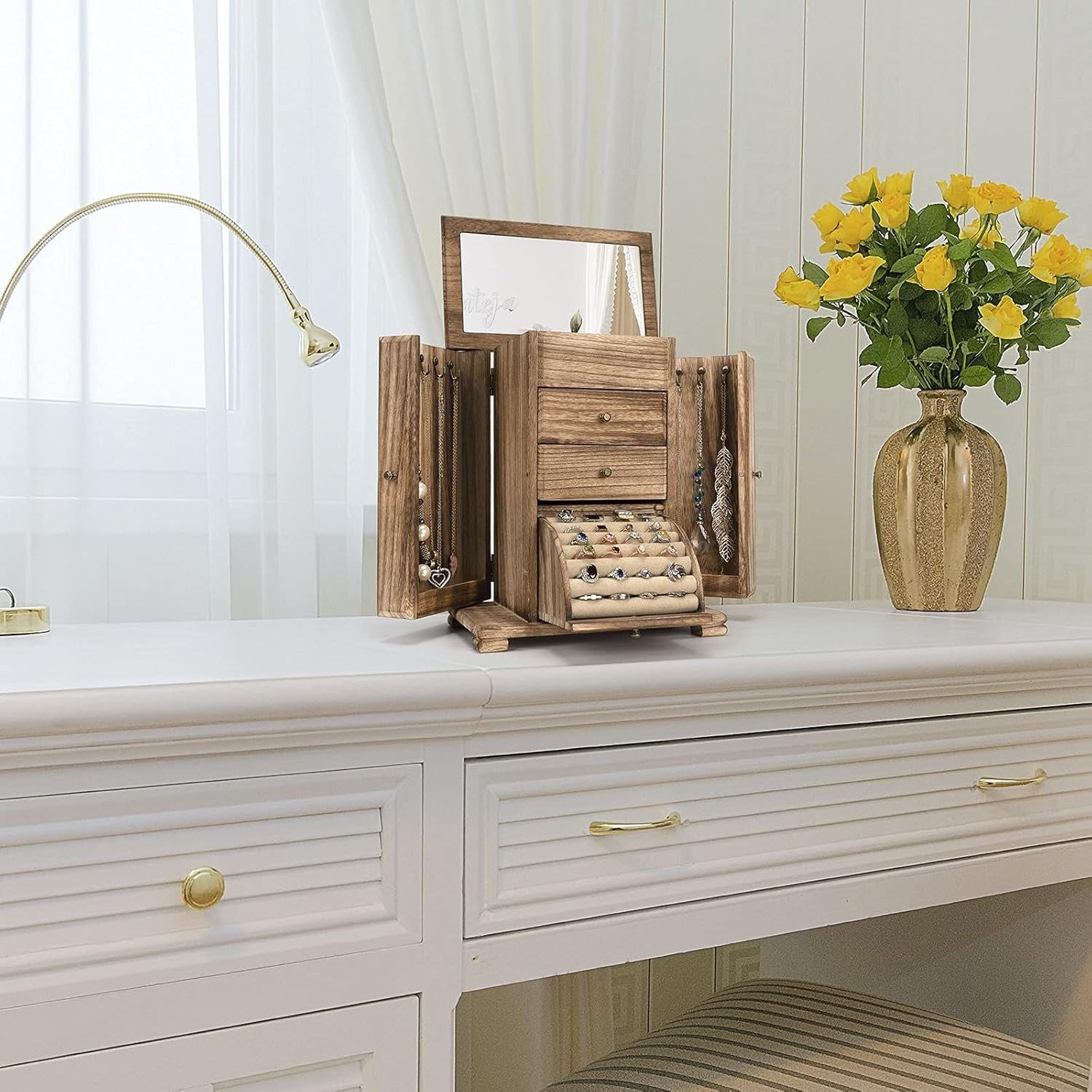 Rustic Wooden Jewelry Box Organizer with Mirror 4 Layer Storage Case