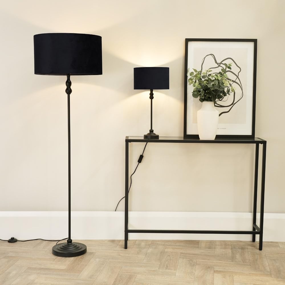 Black Metal Floor Lamp with Velvet Shade & LED Bulb, Modern Living Light