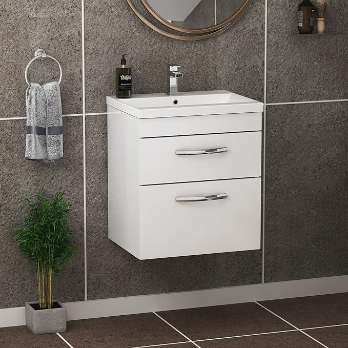 500mm Wall Hung White Gloss Vanity Unit – 2 Drawer Sink Cabinet with Basin