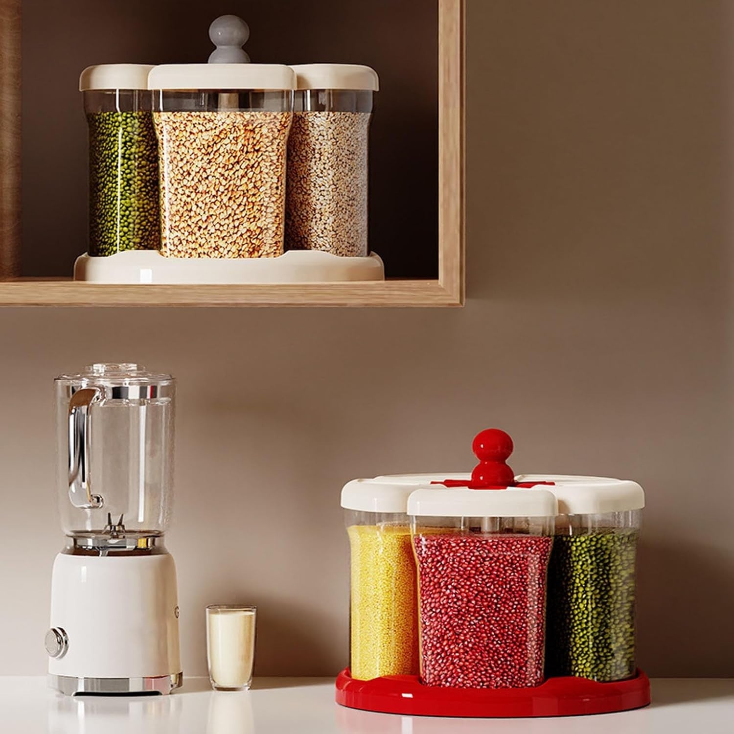 5 Grid Rotating Rice Dispenser Airtight Grain Storage Container Red