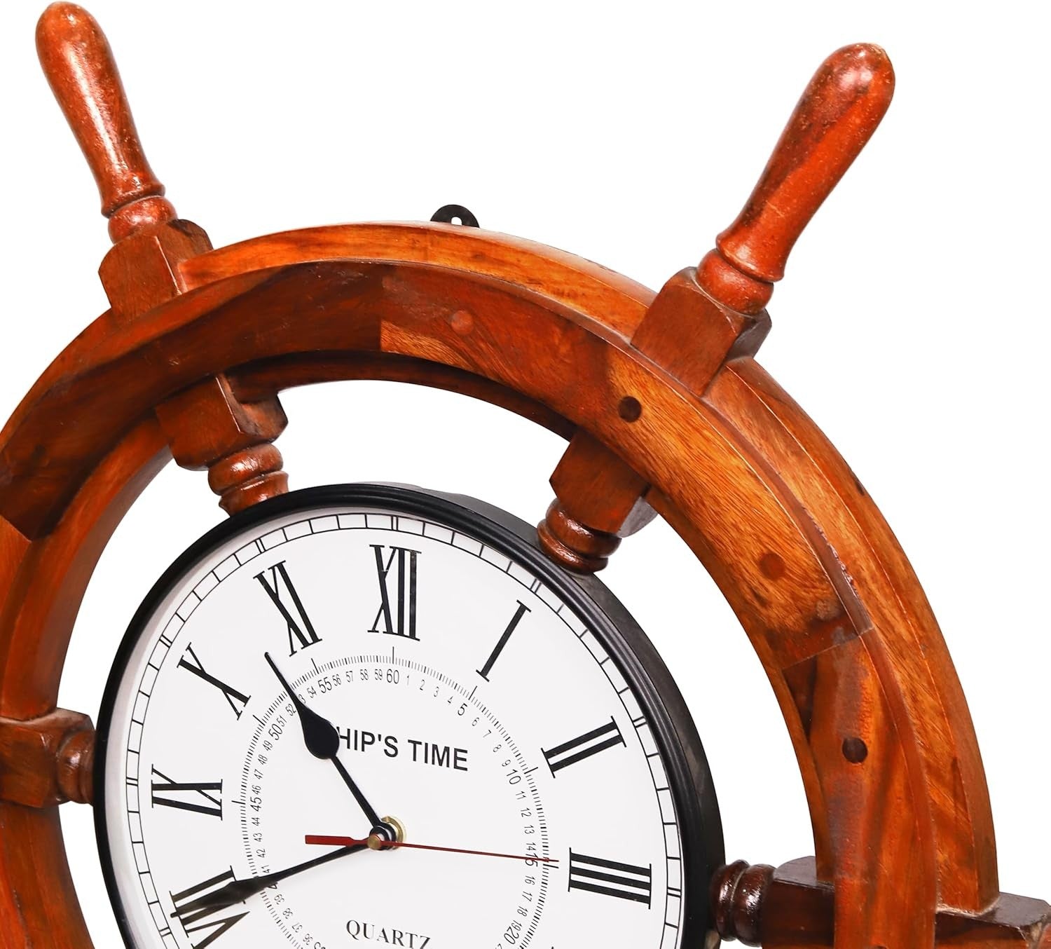 Nautical Wooden Ship Wheel Clock 24" Rustic Maritime Wall Decor Brass Center