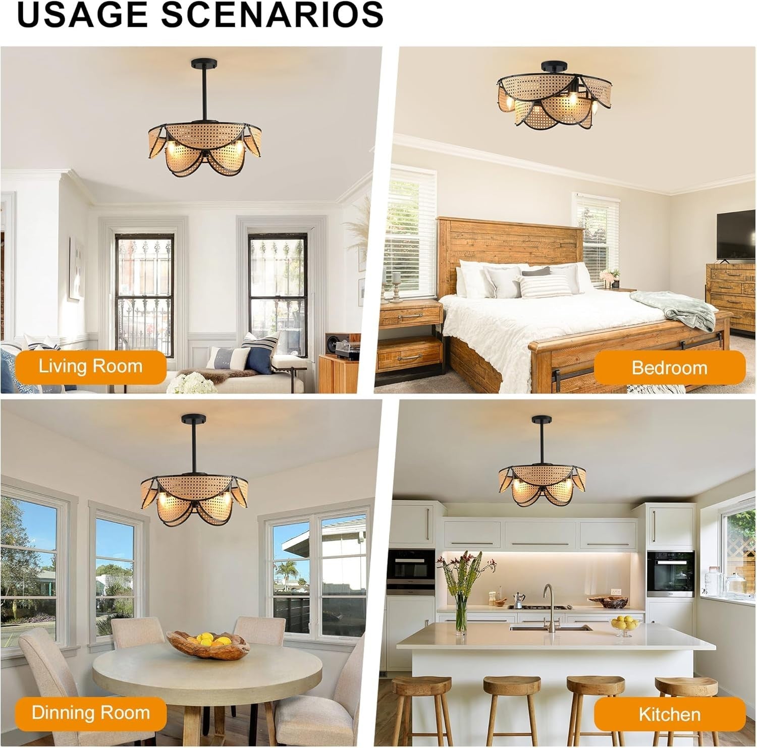 Boho Rattan Ceiling Fan Light 51CM, 6-Speed, Remote, APP, Black