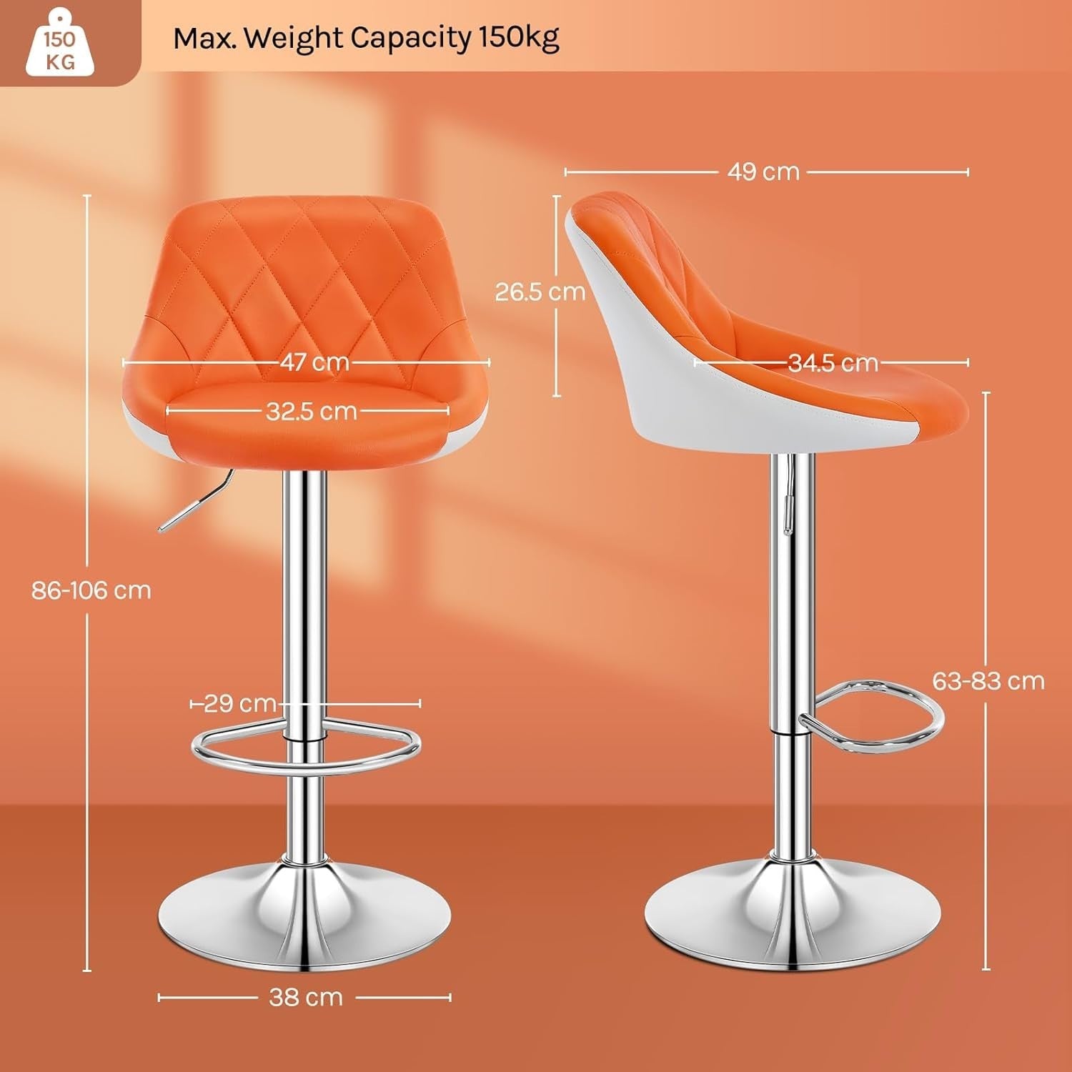Orange+White Swivel Bar Stool – Adjustable PU Leather Seat with Footrest