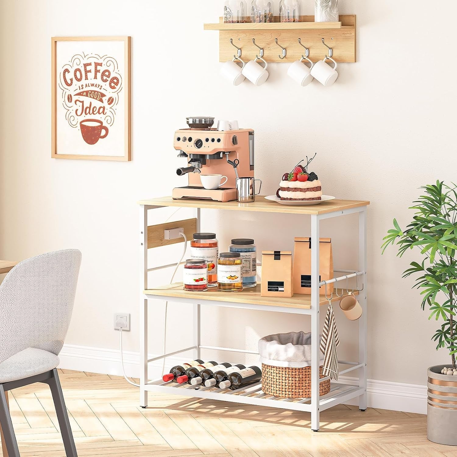 HOOBRO Kitchen Island Table with Storage, Power Outlet & Microwave Stand 90x48cm