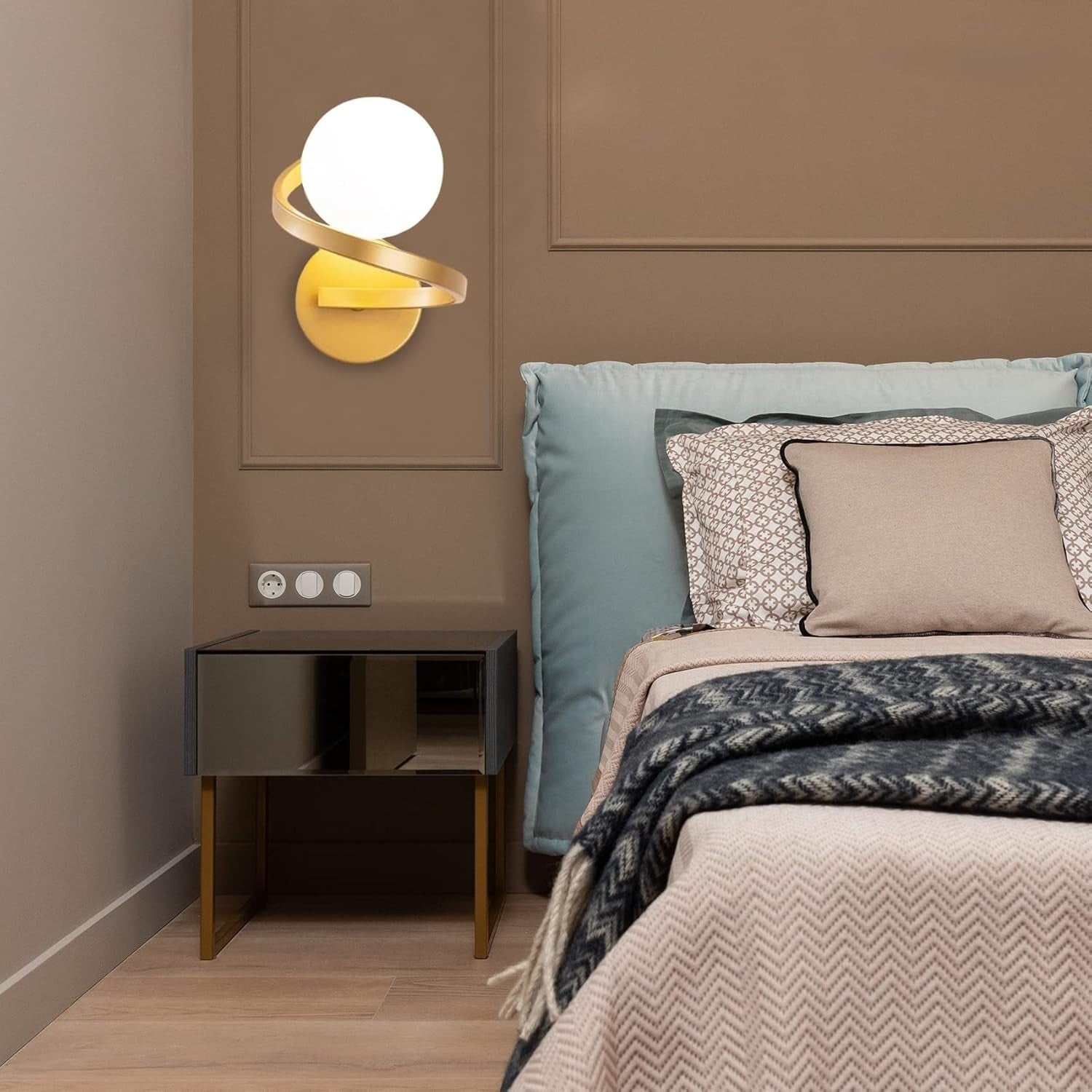 Golden Spiral Glass Ball Wall Light, Modern LED Sconce for Bedroom