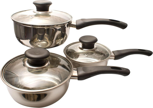 3Pcs Stainless Steel Saucepan Set with Glass Lids – 14cm 16cm 18cm