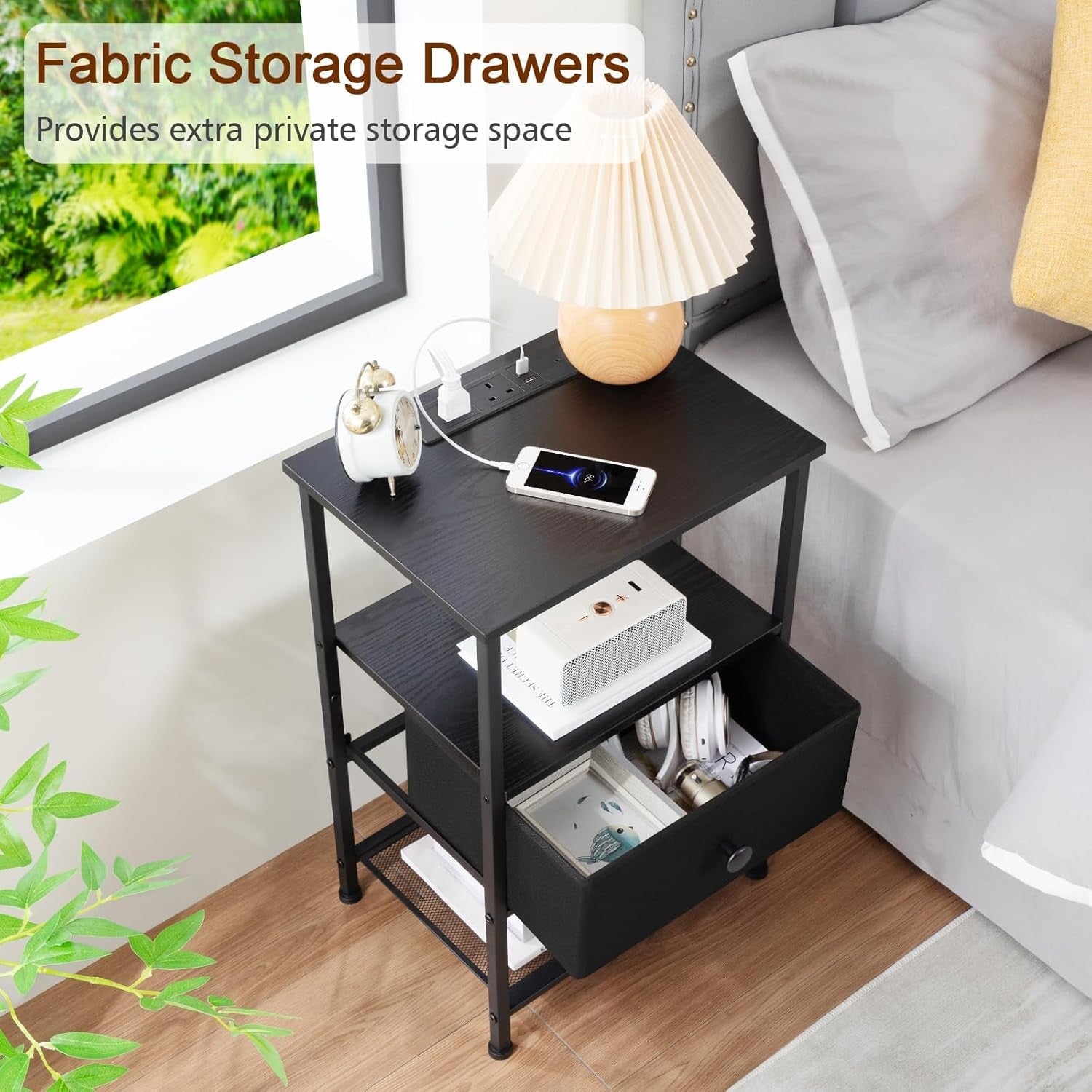 Set of 2 Bedside Tables with Charging Station, Fabric Drawer & Storage Shelf
