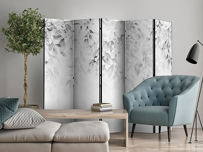 White Leaf 5 Panel Room Divider 225x172cm Double Sided Folding Screen