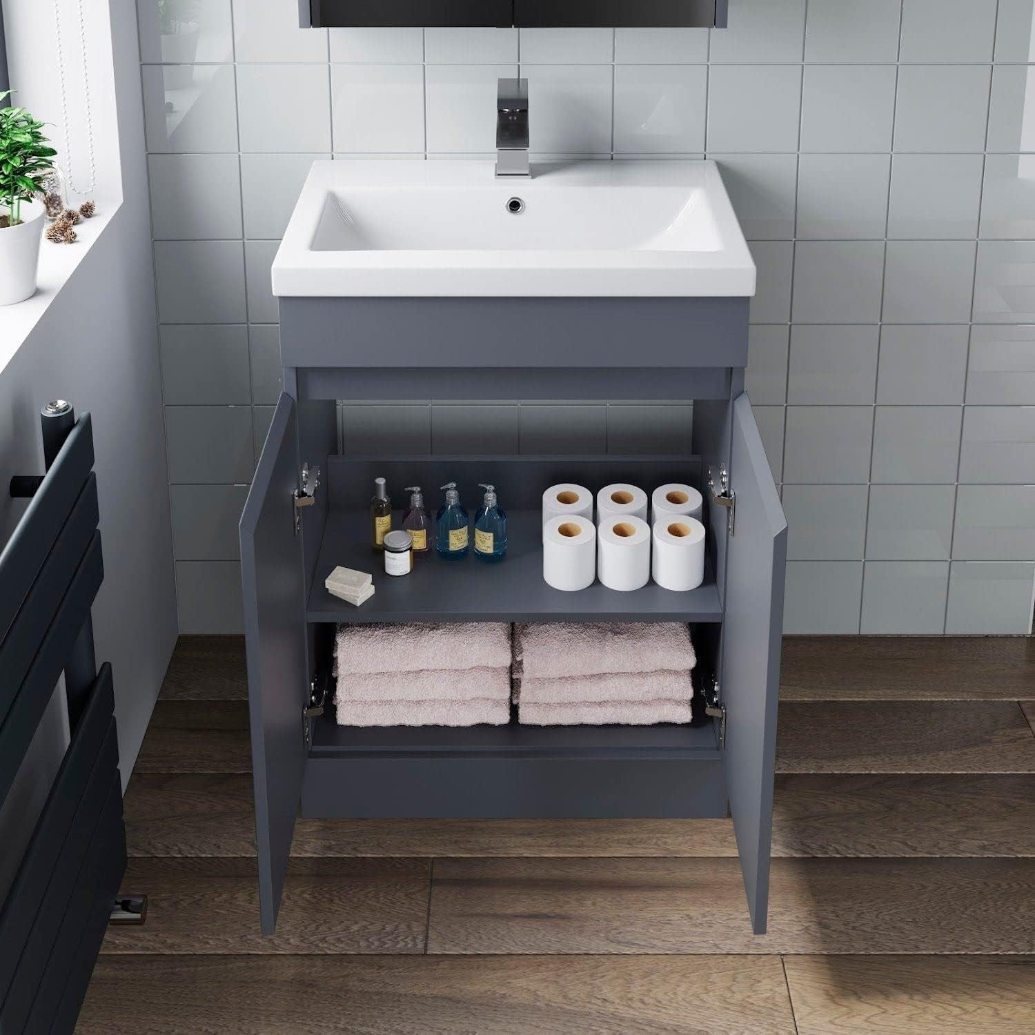 Grey Gloss 600mm Bathroom Vanity Unit with Basin | Modern Sink Cabinet Storage