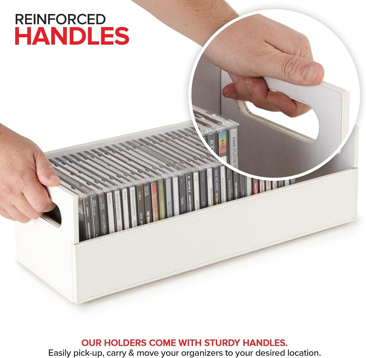 CD Storage Box Faux Leather Organizer Holds 40 CDs Stackable White