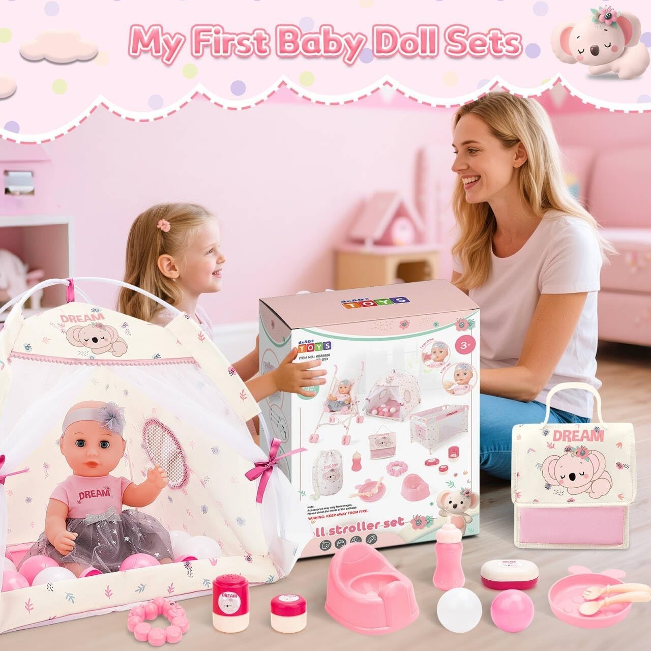 Baby Doll Stroller Playset with 14in Doll Cot Tent Accessories 25pcs
