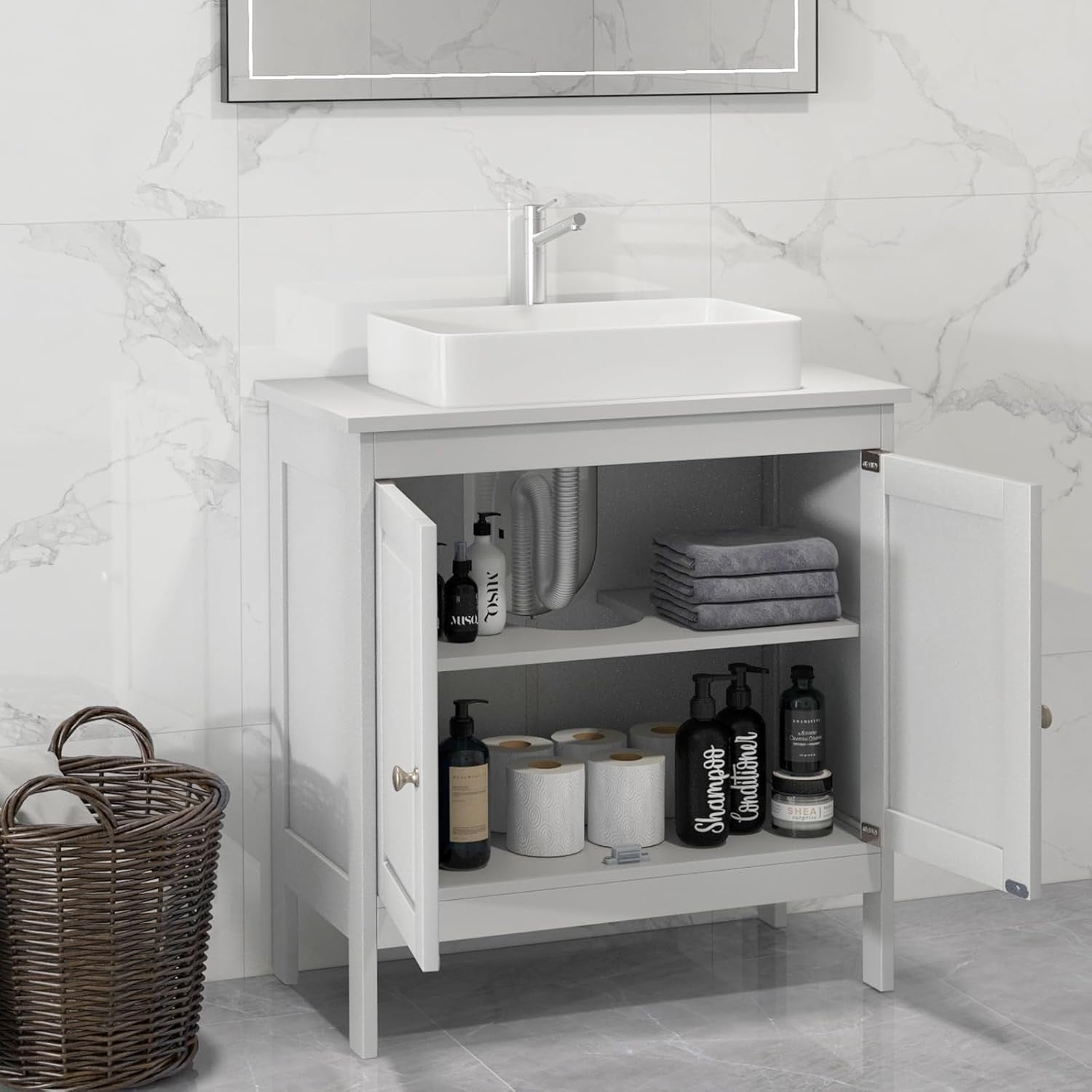 Under Sink Bathroom Cabinet 2 Door Storage Cupboard 60x30x62cm White