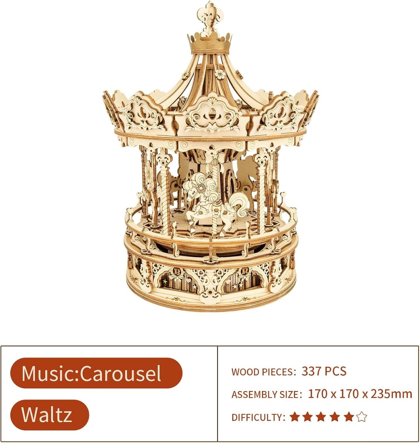 3D Wooden Carousel Puzzle with Music & Easy Assembly – Teens & Adults