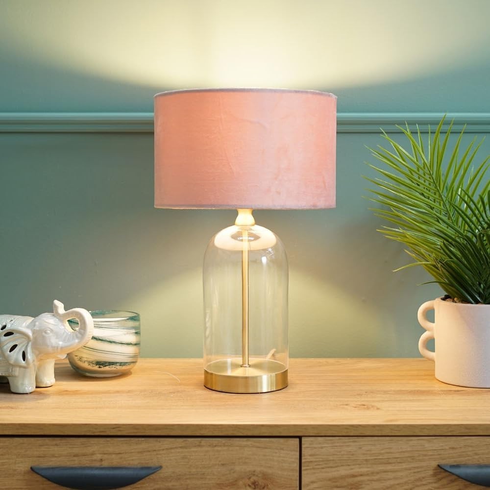 Gold Glass Table Lamp Pink Velvet Shade Bedside Desk Modern Light