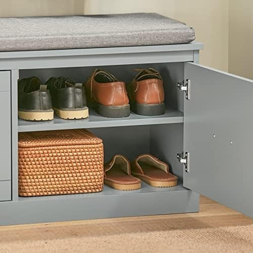 Modern Hallway Storage Bench with Cushion Seat Shoe Rack Grey MDF 98x37x49cm