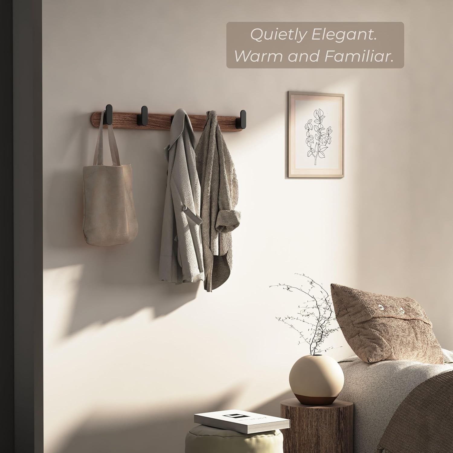 Black Walnut Wall Mounted Coat Rack | 45cm Solid Wood Hooks for Coats & Bags