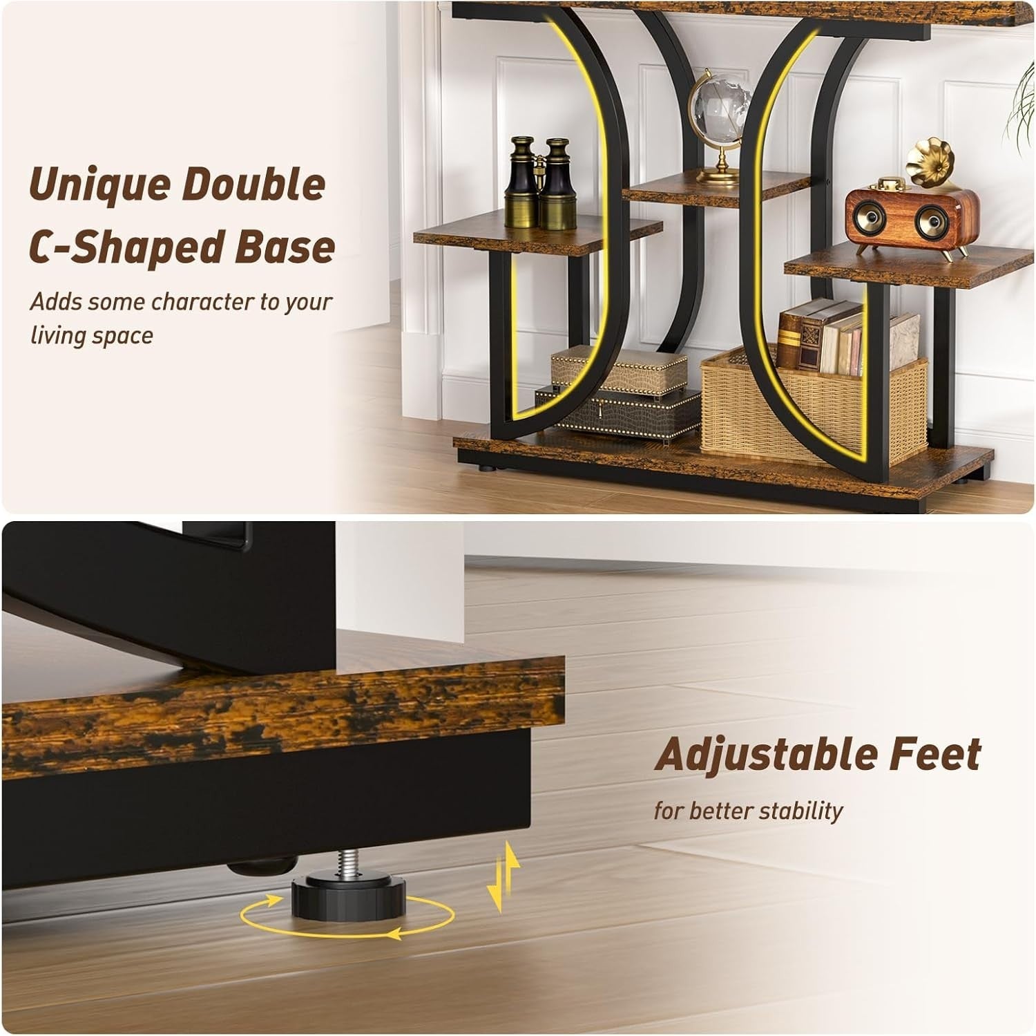 Slim Industrial Console Table with 4 Tiers & Curved Metal Frame