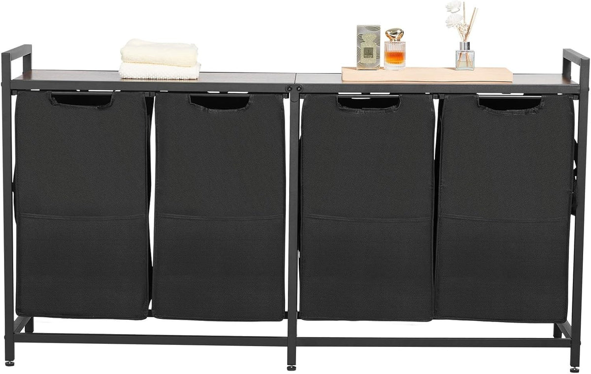 4 Section Laundry Sorter with Wood Top Large Rolling Hamper Pull-Out Bags Black