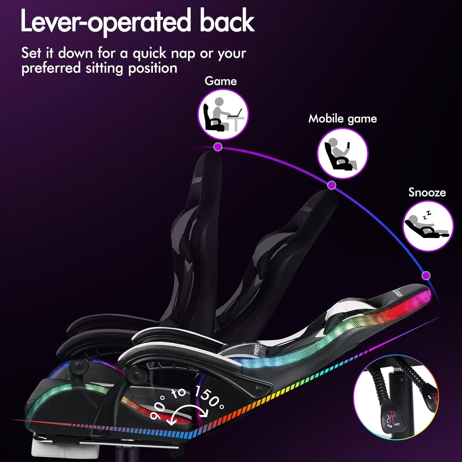 White LED Gaming Chair RGB 8-Point Massage Recliner w/ Footrest