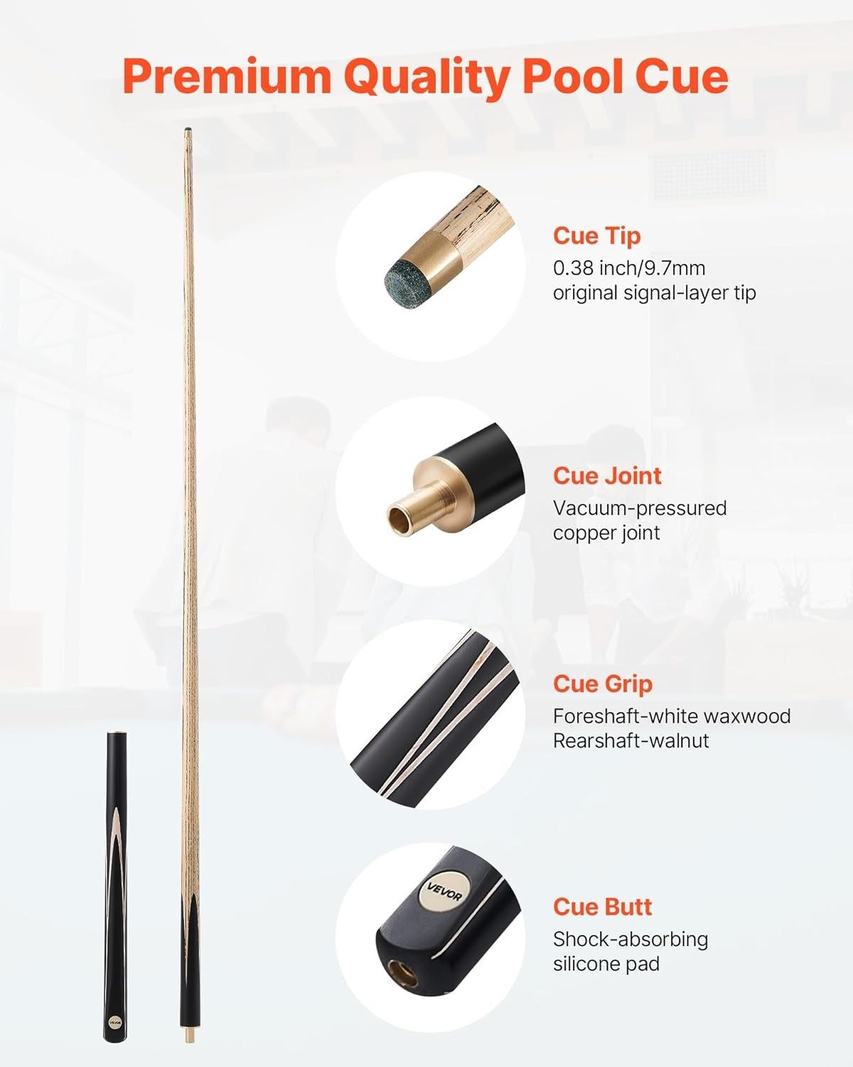 57in 3 Piece Snooker Pool Cue 19oz 9.7mm Tip Solid Wood Set