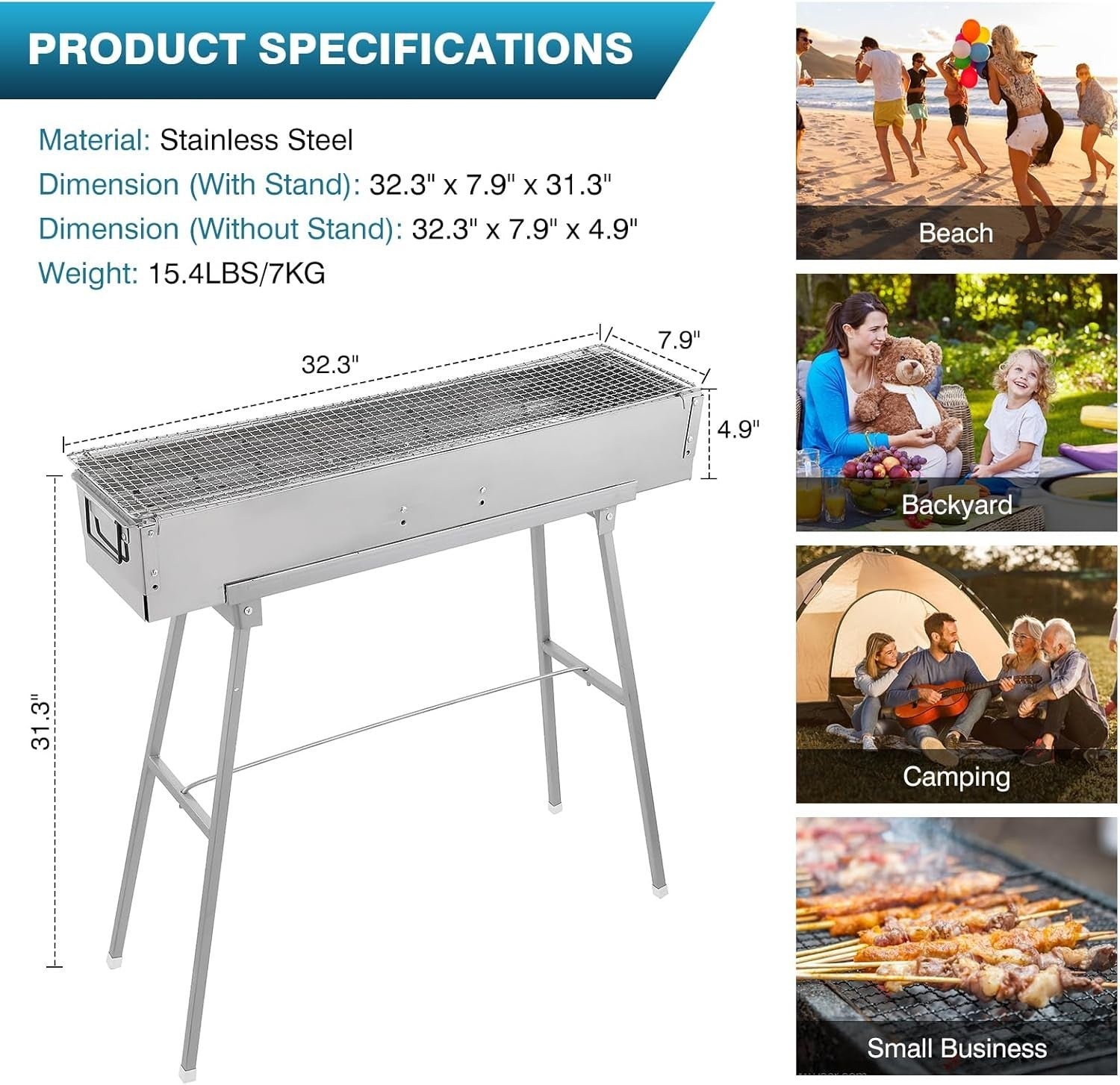 Portable Stainless Steel Charcoal BBQ Grill Folding Yakitori Kebab Stand Outdoor