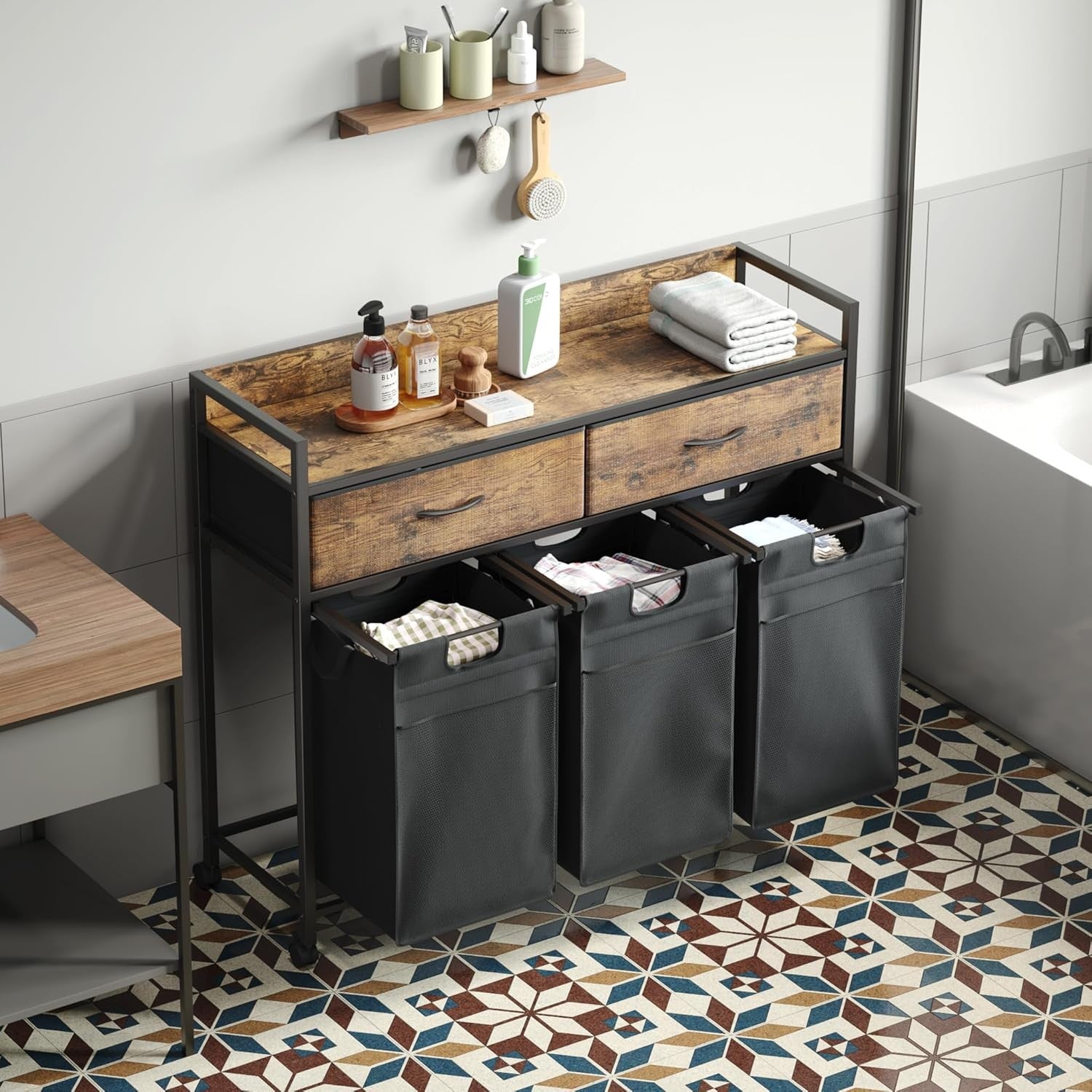 3 Compartment Laundry Sorter on Wheels with Drawers Rustic Brown Black 106cm