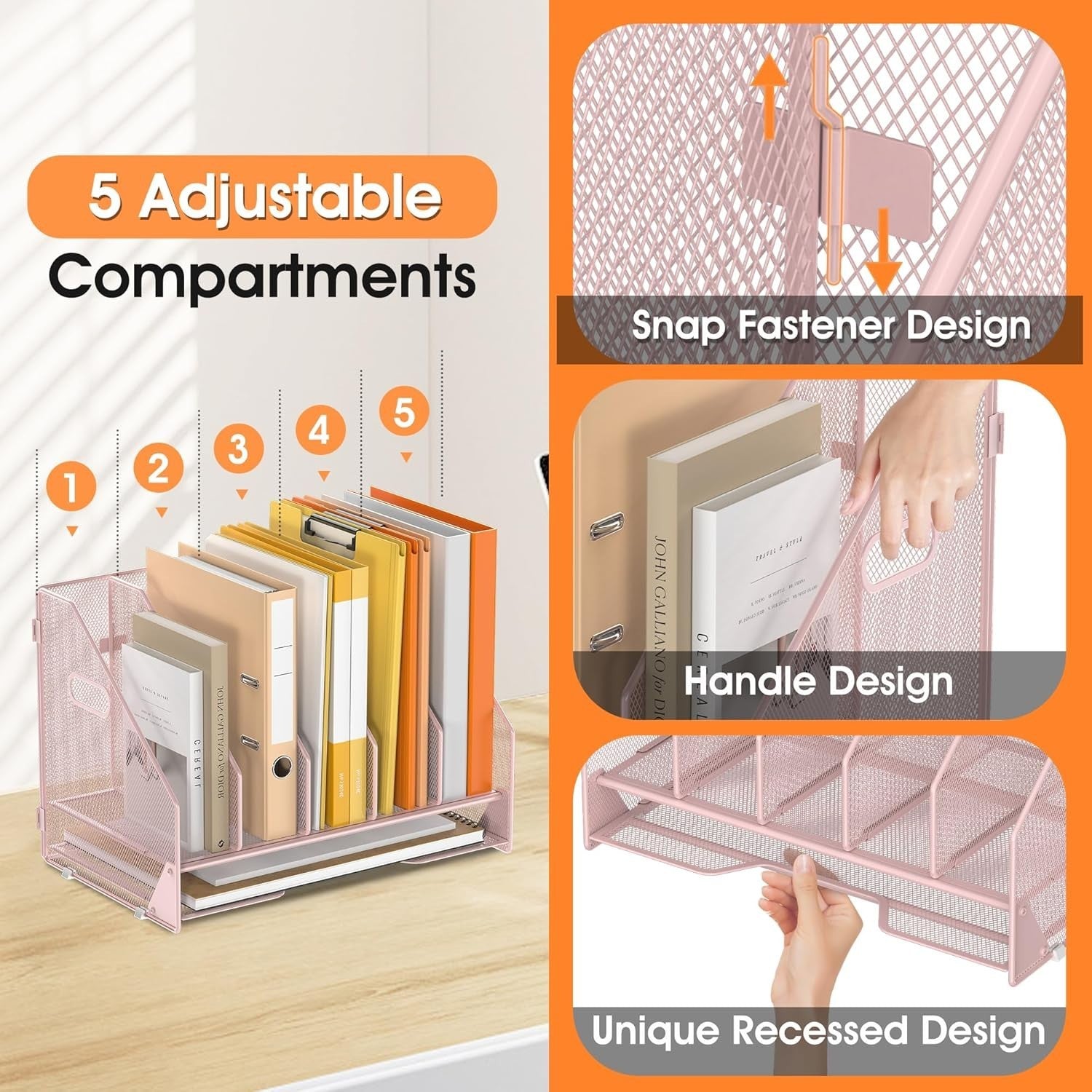 5-Tier Desktop File Organizer Rack | Adjustable Vertical Compartments, Pink