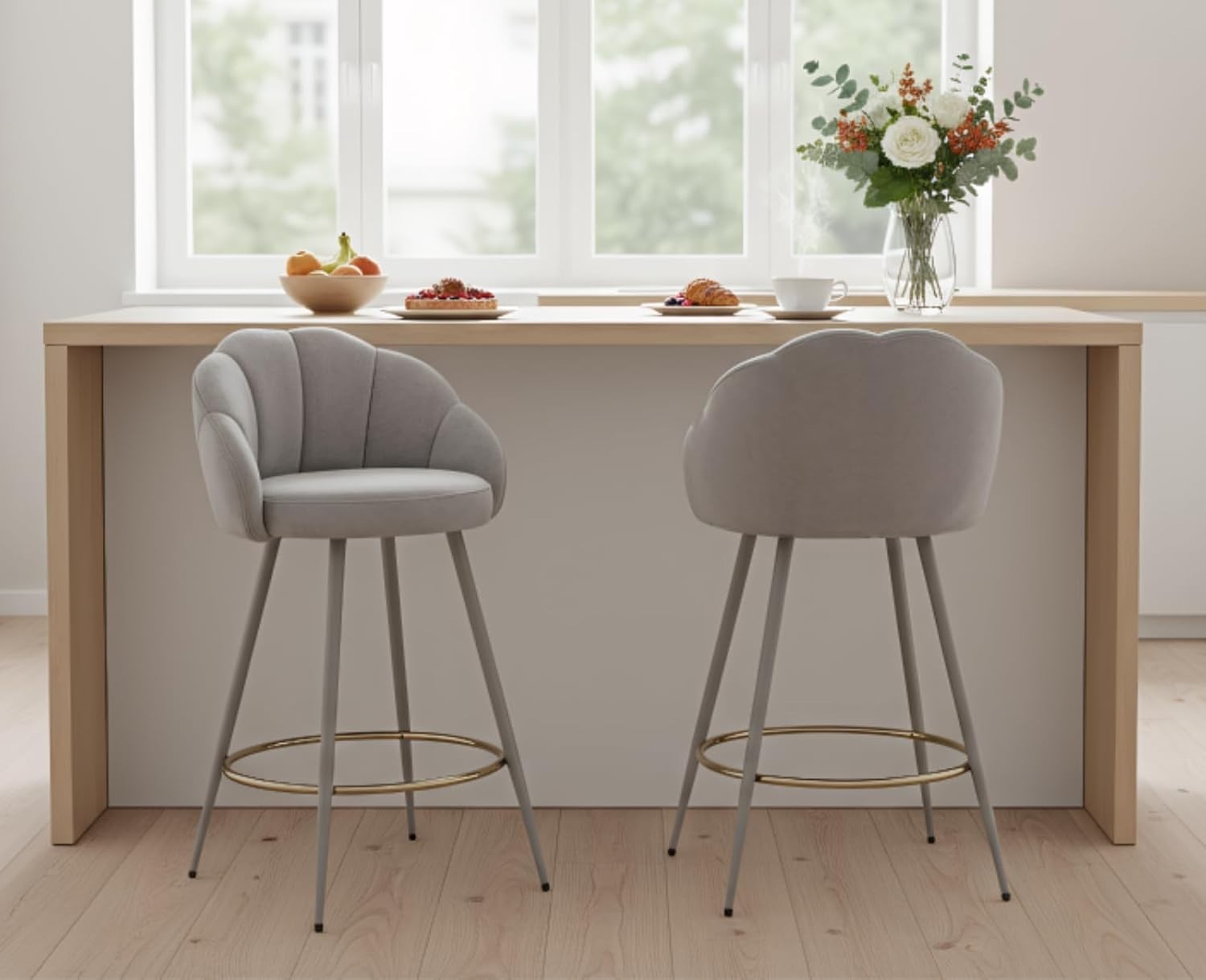 Gray Velvet Bar Stools Set of 2 Modern Kitchen Counter Breakfast Chairs