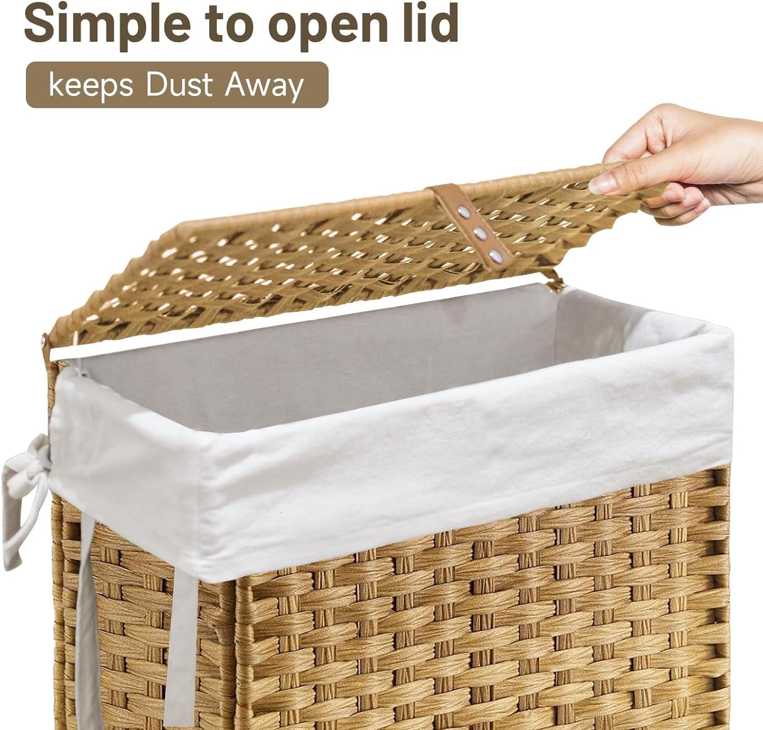70L Rattan Laundry Hamper with Wheels 2 Removable Bags Slim Bedroom Basket
