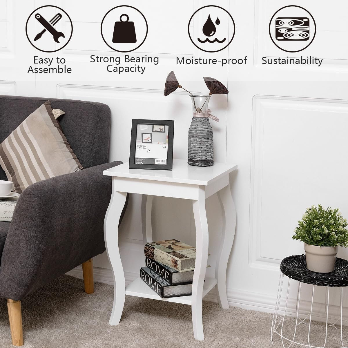 White 2-Tier Bedside Table with Open Storage Shelf – Modern Wooden Side Table 40
