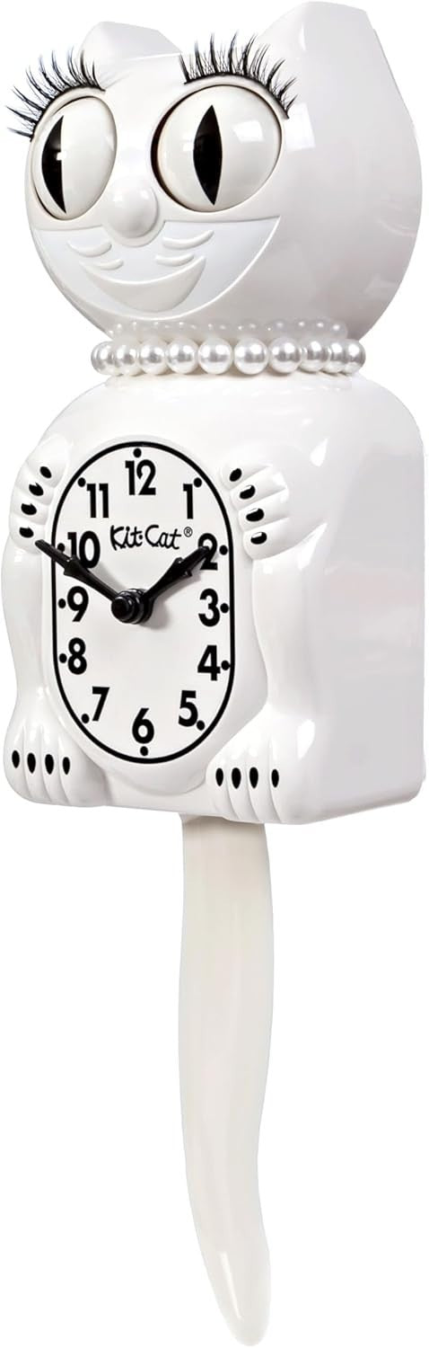 White Cat Wall Clock Vintage 15.5” Retro Eyes Move Tail Wiggles Battery