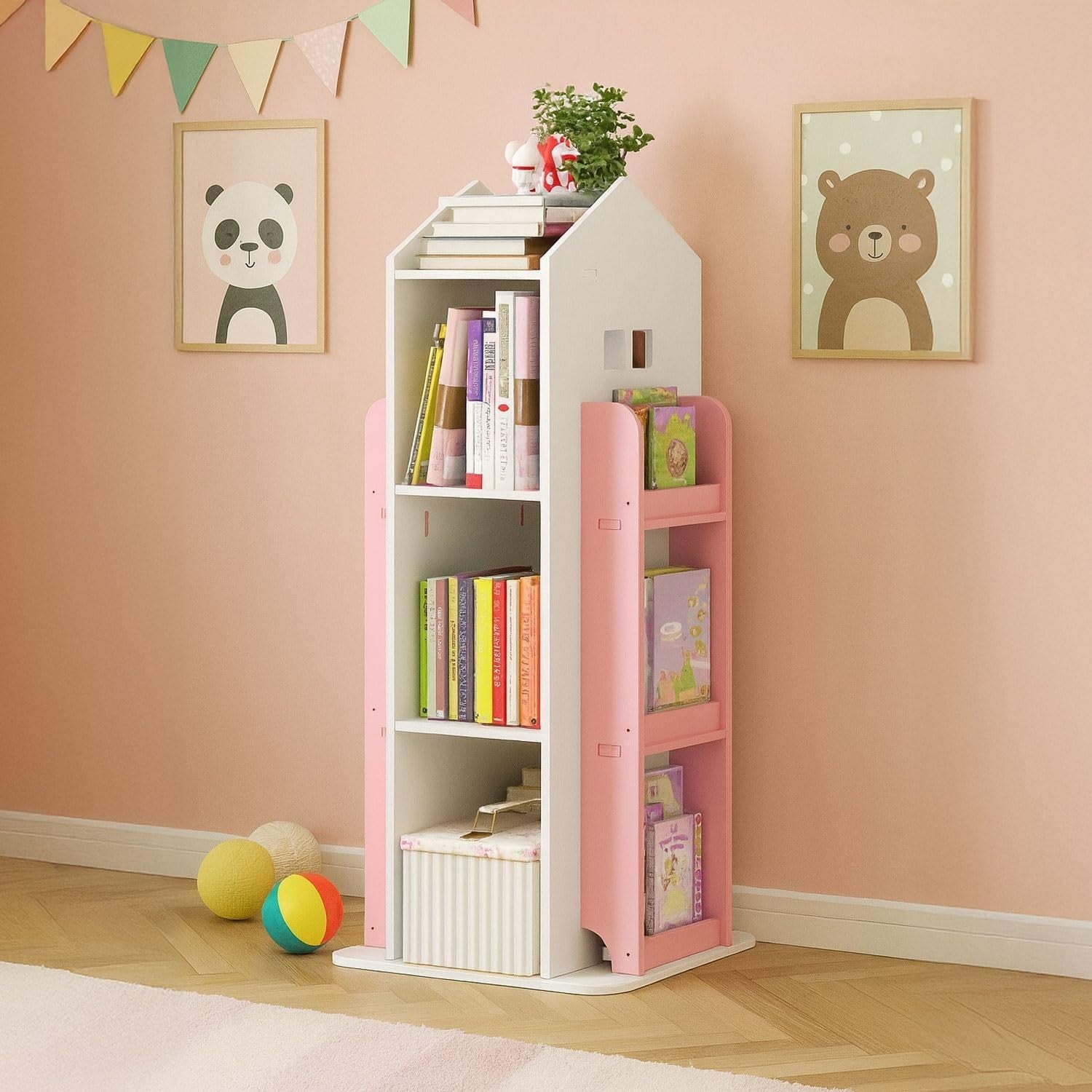360° Rotating Kids Bookshelf 10-Shelf Freestanding Space-Saving Bookcase Pink